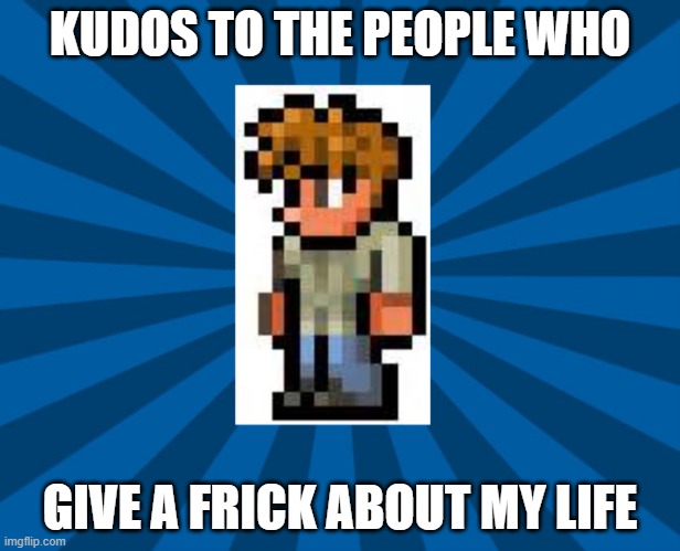 Nobody cares | KUDOS TO THE PEOPLE WHO; GIVE A FRICK ABOUT MY LIFE | image tagged in terraria guide,please kill me | made w/ Imgflip meme maker