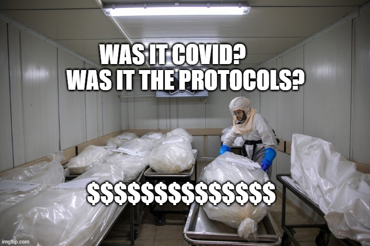 COVID Deaths Morgue Trump Voters Antivax Insurrection | WAS IT COVID?       WAS IT THE PROTOCOLS? $$$$$$$$$$$$$$ | image tagged in covid deaths morgue trump voters antivax insurrection | made w/ Imgflip meme maker