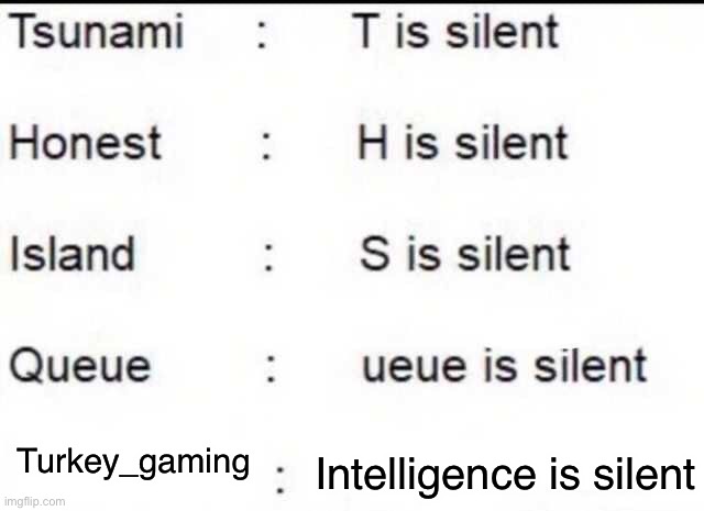 Is silent | Intelligence is silent; Turkey_gaming | image tagged in is silent | made w/ Imgflip meme maker
