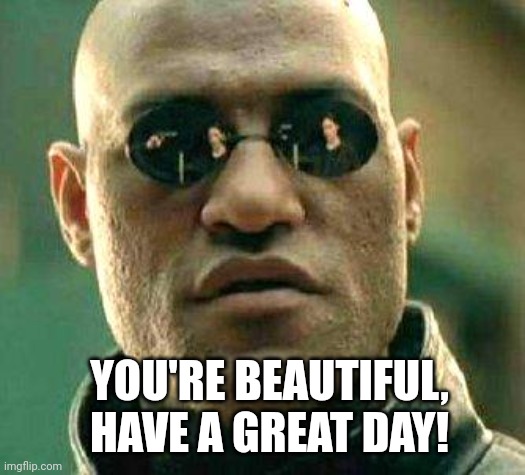 What if i told you | YOU'RE BEAUTIFUL, HAVE A GREAT DAY! | image tagged in what if i told you | made w/ Imgflip meme maker