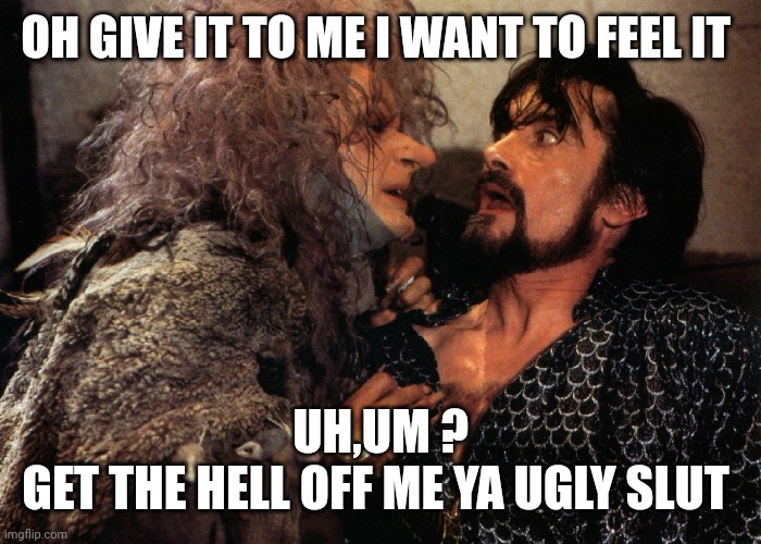 Robin Hood Men in Tights Latrine | OH GIVE IT TO ME I WANT TO FEEL IT UH,UM ?
GET THE HELL OFF ME YA UGLY SLUT | image tagged in robin hood men in tights latrine | made w/ Imgflip meme maker