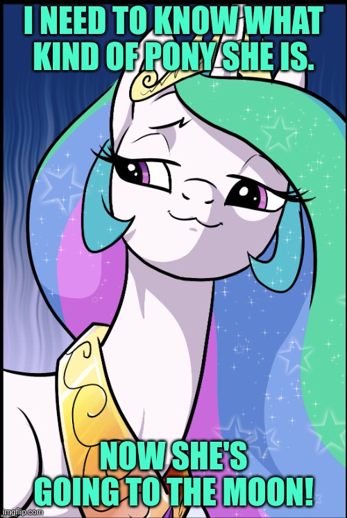 I NEED TO KNOW WHAT KIND OF PONY SHE IS. NOW SHE'S GOING TO THE MOON! | image tagged in princess celestia | made w/ Imgflip meme maker