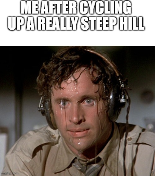 Riding a bike be like | ME AFTER CYCLING UP A REALLY STEEP HILL | image tagged in sweating on commute after jiu-jitsu,bicycle,sweaty | made w/ Imgflip meme maker