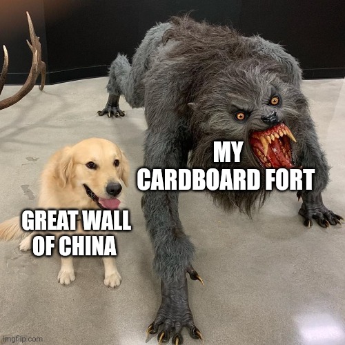 Cardboard will outlive the great wall of china | MY CARDBOARD FORT; GREAT WALL OF CHINA | image tagged in good dog scary dog | made w/ Imgflip meme maker