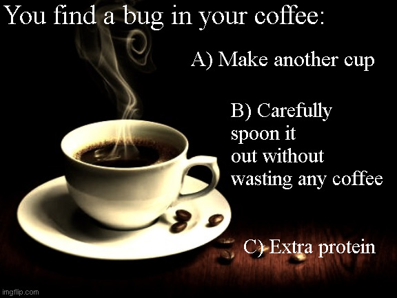 You find a bug in your coffee | You find a bug in your coffee:; A) Make another cup; B) Carefully spoon it out without wasting any coffee; C) Extra protein | image tagged in coffee lust | made w/ Imgflip meme maker
