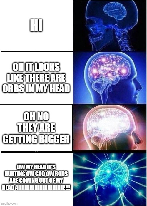 Expanding Brain Meme | HI; OH IT LOOKS LIKE THERE ARE ORBS IN MY HEAD; OH NO THEY ARE GETTING BIGGER; OW MY HEAD IT'S HURTING OW GOD OW RODS ARE COMING OUT OF MY HEAD AHHHHHHHHHHHHHH!!!! | image tagged in memes,expanding brain | made w/ Imgflip meme maker