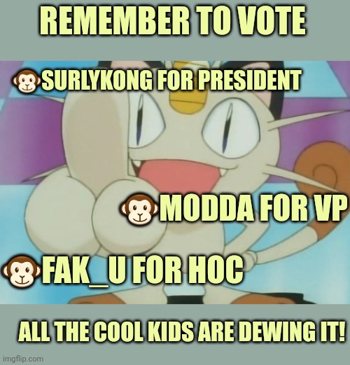 Vote | REMEMBER TO VOTE; 🐵SURLYKONG FOR PRESIDENT; 🐵MODDA FOR VP; 🐵FAK_U FOR HOC; ALL THE COOL KIDS ARE DEWING IT! | image tagged in meowth dickhand,meowth,said to | made w/ Imgflip meme maker