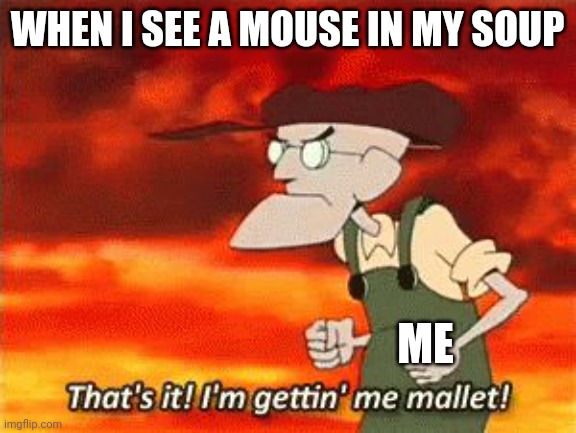 You ruined my soup!!!!! | WHEN I SEE A MOUSE IN MY SOUP; ME | image tagged in mallet | made w/ Imgflip meme maker