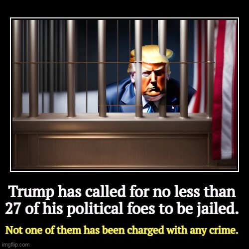 Trump weaponizing in plain sight. | Trump has called for no less than 27 of his political foes to be jailed. | Not one of them has been charged with any crime. | image tagged in funny,demotivationals,trump,jail,prison,accused | made w/ Imgflip demotivational maker