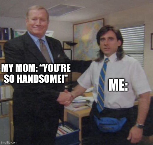 “You’re so handsome!” | MY MOM: “YOU’RE SO HANDSOME!”; ME: | image tagged in the office congratulations | made w/ Imgflip meme maker