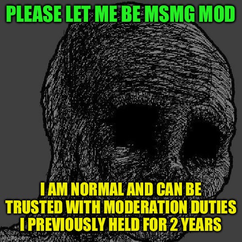 Cursed wojak | PLEASE LET ME BE MSMG MOD; I AM NORMAL AND CAN BE TRUSTED WITH MODERATION DUTIES I PREVIOUSLY HELD FOR 2 YEARS | image tagged in cursed wojak | made w/ Imgflip meme maker