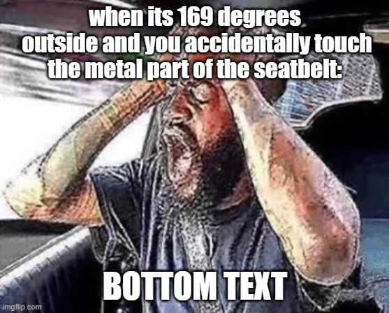 relatable  memes 4 | when its 169 degrees
 outside and you accidentally touch
the metal part of the seatbelt:; BOTTOM TEXT | image tagged in agony,relatable | made w/ Imgflip meme maker