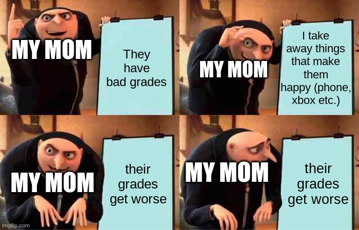 Gru's Plan | I take away things that make them happy (phone, xbox etc.); MY MOM; They have bad grades; MY MOM; their grades get worse; their grades get worse; MY MOM; MY MOM | image tagged in memes,gru's plan | made w/ Imgflip meme maker