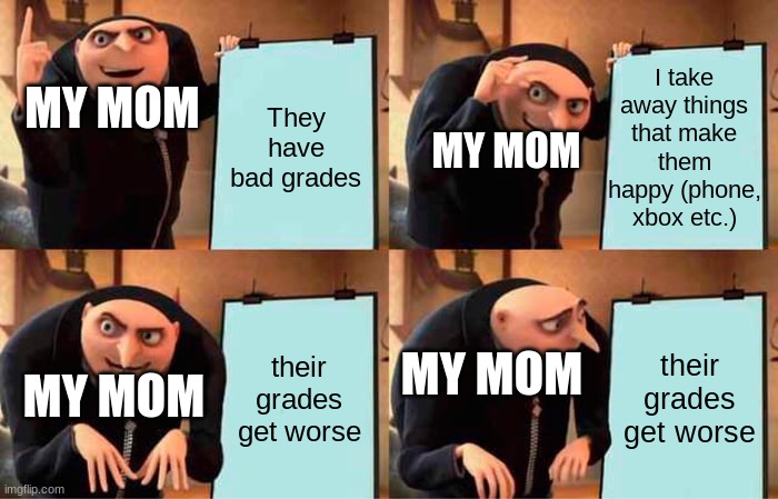 Gru's Plan Meme | I take away things that make them happy (phone, xbox etc.); MY MOM; They have bad grades; MY MOM; their grades get worse; their grades get worse; MY MOM; MY MOM | image tagged in memes,gru's plan | made w/ Imgflip meme maker