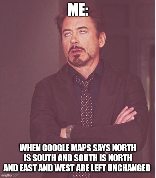 Google!!! North is north!!! | ME:; WHEN GOOGLE MAPS SAYS NORTH IS SOUTH AND SOUTH IS NORTH AND EAST AND WEST ARE LEFT UNCHANGED | image tagged in memes,face you make robert downey jr | made w/ Imgflip meme maker