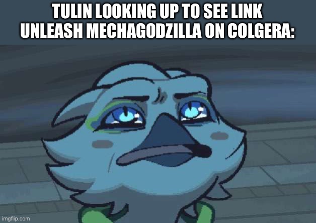 ToTK Tulin Staring Up | TULIN LOOKING UP TO SEE LINK UNLEASH MECHAGODZILLA ON COLGERA: | image tagged in totk tulin staring up,the legend of zelda | made w/ Imgflip meme maker