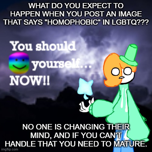 I can't believe I have to say this. | WHAT DO YOU EXPECT TO HAPPEN WHEN YOU POST AN IMAGE THAT SAYS "HOMOPHOBIC" IN LGBTQ??? NO ONE IS CHANGING THEIR MIND, AND IF YOU CAN'T HANDLE THAT YOU NEED TO MATURE. | image tagged in luckyguy17 k word | made w/ Imgflip meme maker