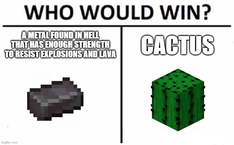 title | A METAL FOUND IN HELL THAT HAS ENOUGH STRENGTH TO RESIST EXPLOSIONS AND LAVA; CACTUS | image tagged in memes,who would win | made w/ Imgflip meme maker