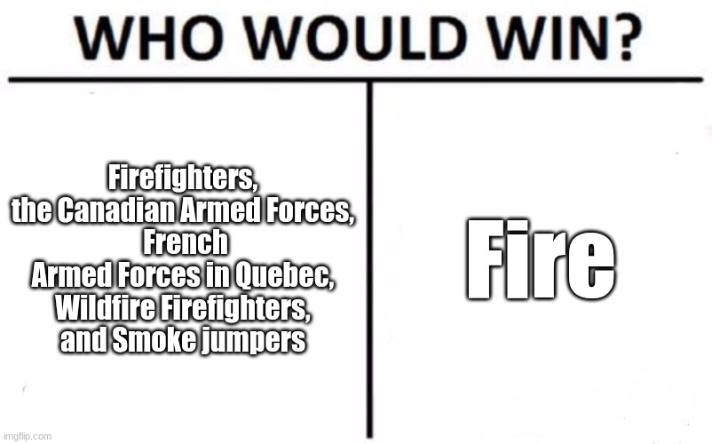 The smoke is poullting the air where I live in Canada, but thankfully there is no Wildfire in a 250KM Distance | Fire; Firefighters, the Canadian Armed Forces,
 French Armed Forces in Quebec, Wildfire Firefighters, and Smoke jumpers | image tagged in memes,who would win,canada,wildfires | made w/ Imgflip meme maker