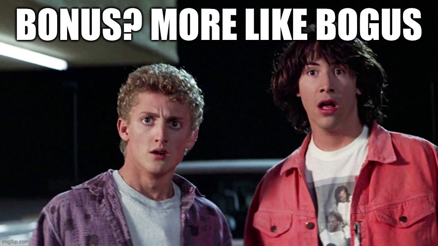 Bonus | BONUS? MORE LIKE BOGUS | image tagged in bill and ted,bogus | made w/ Imgflip meme maker