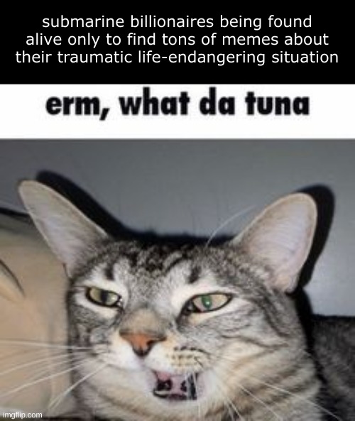erm what da tuna | submarine billionaires being found alive only to find tons of memes about their traumatic life-endangering situation | image tagged in erm what da tuna | made w/ Imgflip meme maker