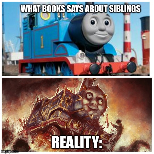 Reality about siblings… | WHAT BOOKS SAYS ABOUT SIBLINGS; REALITY: | image tagged in thomas the creepy tank engine,siblings,memes,funny,relatable | made w/ Imgflip meme maker