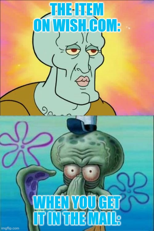 Wish.com be like: | THE ITEM ON WISH.COM:; WHEN YOU GET IT IN THE MAIL: | image tagged in memes,squidward,wish | made w/ Imgflip meme maker