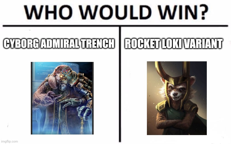 Cyborg Spider vs Rocket cosplaying as Loki | CYBORG ADMIRAL TRENCH; ROCKET LOKI VARIANT | image tagged in memes,who would win | made w/ Imgflip meme maker