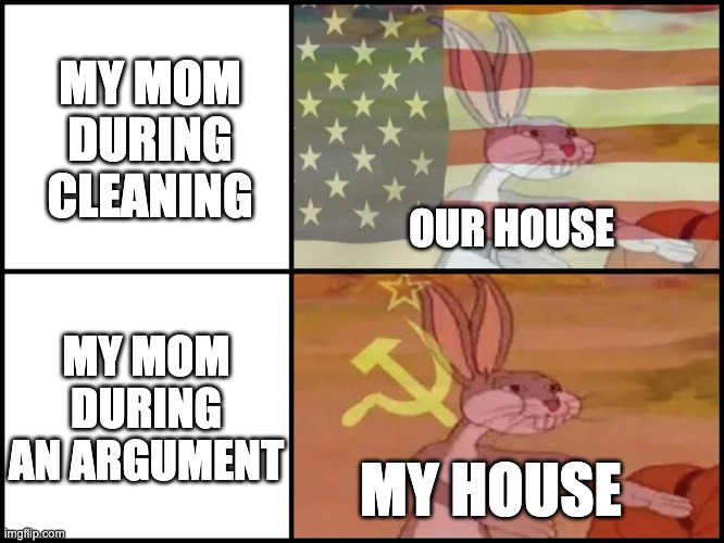 Yes | MY MOM DURING CLEANING; OUR HOUSE; MY MOM DURING AN ARGUMENT; MY HOUSE | image tagged in capitalist and communist | made w/ Imgflip meme maker