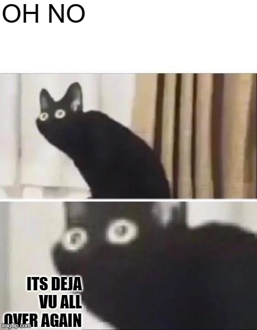 OH NO ITS DEJA VU ALL OVER AGAIN | image tagged in oh no black cat | made w/ Imgflip meme maker