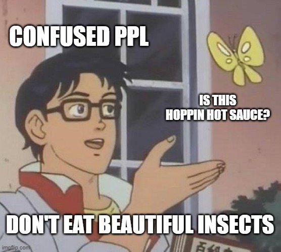 Is This A Pigeon | CONFUSED PPL; IS THIS HOPPIN HOT SAUCE? DON'T EAT BEAUTIFUL INSECTS | image tagged in memes,is this a pigeon | made w/ Imgflip meme maker