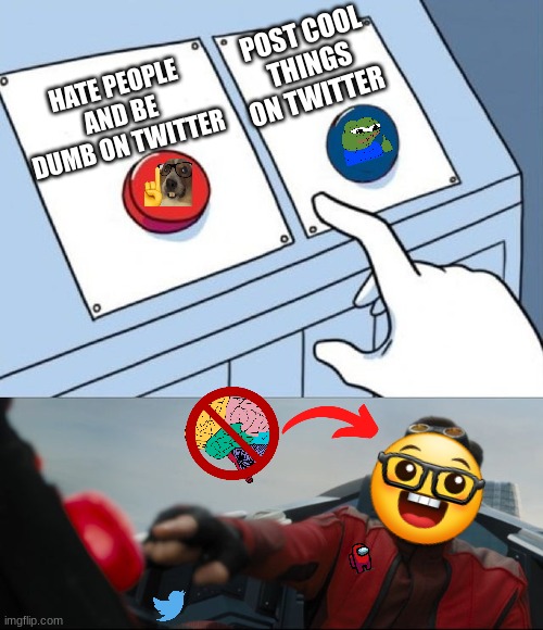 Robotnik Button | POST COOL THINGS ON TWITTER; HATE PEOPLE AND BE DUMB ON TWITTER | image tagged in robotnik button | made w/ Imgflip meme maker