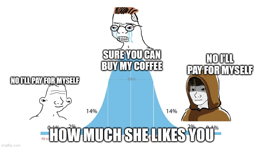hey girl let me buy you a coffee | SURE YOU CAN BUY MY COFFEE; NO I'LL PAY FOR MYSELF; NO I'LL PAY FOR MYSELF; HOW MUCH SHE LIKES YOU | image tagged in midwit memes | made w/ Imgflip meme maker