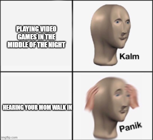 video games at night | PLAYING VIDEO GAMES IN THE MIDDLE OF THE NIGHT; HEARING YOUR MOM WALK IN | image tagged in kalm panik | made w/ Imgflip meme maker