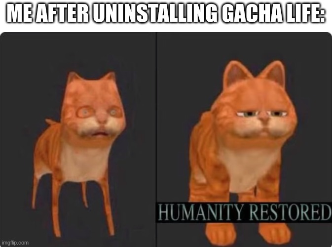 fr | ME AFTER UNINSTALLING GACHA LIFE: | image tagged in humanity restored,gacha life | made w/ Imgflip meme maker