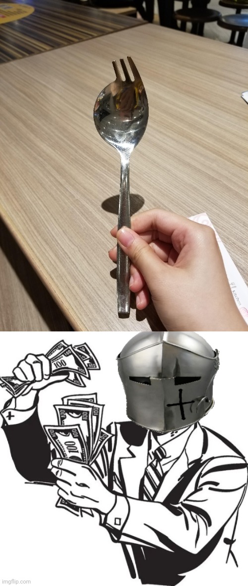 *buys that kind of spork* | image tagged in shut up and take my money crusader,spork,memes,silverware,spoon,fork | made w/ Imgflip meme maker