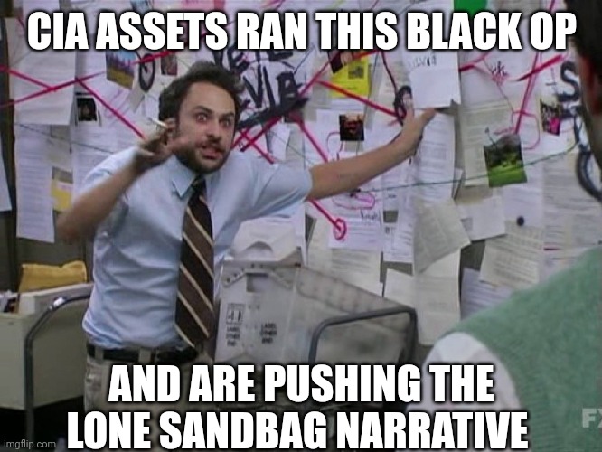 Charlie Red Yarn | CIA ASSETS RAN THIS BLACK OP AND ARE PUSHING THE LONE SANDBAG NARRATIVE | image tagged in charlie red yarn | made w/ Imgflip meme maker