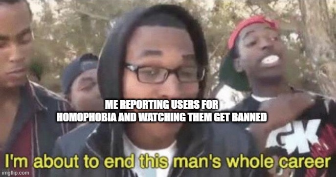 =D | ME REPORTING USERS FOR HOMOPHOBIA AND WATCHING THEM GET BANNED | image tagged in i m about to end this man s whole career | made w/ Imgflip meme maker