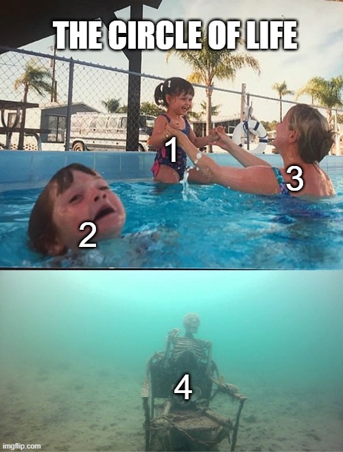 The Circle Of Life | THE CIRCLE OF LIFE; 1; 3; 2; 4 | image tagged in mother ignoring kid drowning in a pool | made w/ Imgflip meme maker