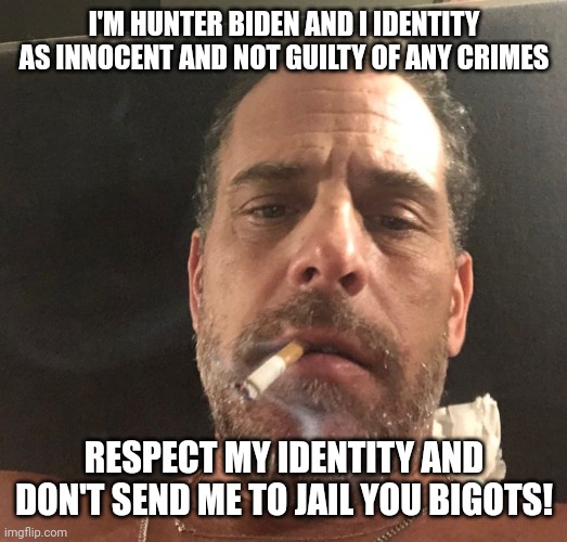 The Democrats not only allow men to pretend to women, they also allow criminals to pretend to be innocent | I'M HUNTER BIDEN AND I IDENTITY AS INNOCENT AND NOT GUILTY OF ANY CRIMES; RESPECT MY IDENTITY AND DON'T SEND ME TO JAIL YOU BIGOTS! | image tagged in hunter biden,corruption,democrats,scandal,crime,liberal logic | made w/ Imgflip meme maker