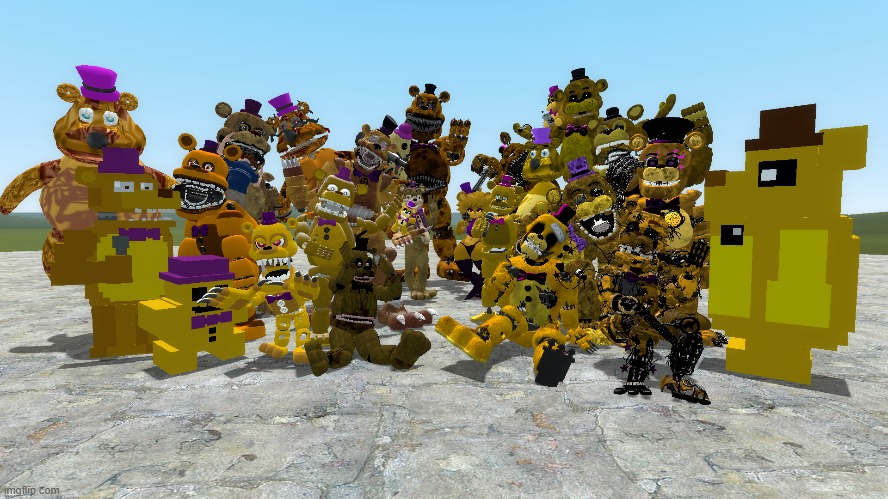 A bunch of Fredbear's that are in Garry's Mod | image tagged in gmod,fnaf,golden freddy | made w/ Imgflip meme maker