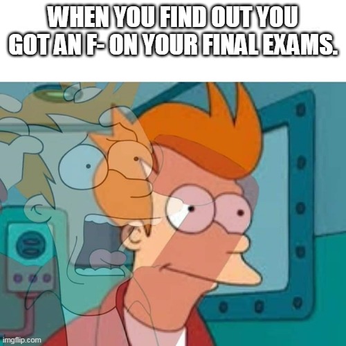 fry | WHEN YOU FIND OUT YOU GOT AN F- ON YOUR FINAL EXAMS. | image tagged in fry,exams,belt spanking,stay at home,stay positive | made w/ Imgflip meme maker