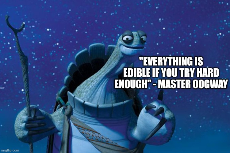 Master Oogway | "EVERYTHING IS EDIBLE IF YOU TRY HARD ENOUGH" - MASTER OOGWAY | image tagged in master oogway | made w/ Imgflip meme maker