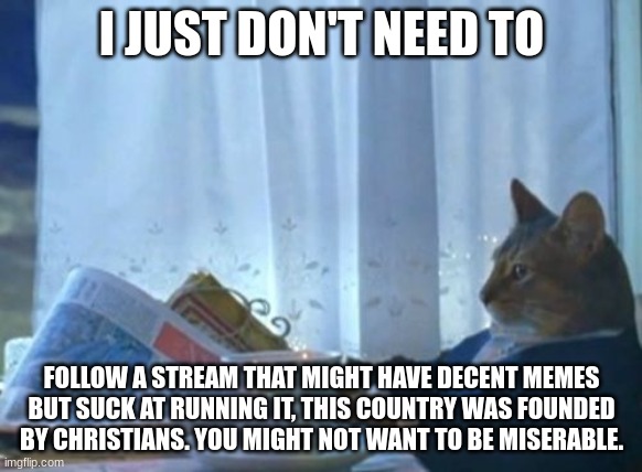 What. | I JUST DON'T NEED TO; FOLLOW A STREAM THAT MIGHT HAVE DECENT MEMES BUT SUCK AT RUNNING IT, THIS COUNTRY WAS FOUNDED BY CHRISTIANS. YOU MIGHT NOT WANT TO BE MISERABLE. | image tagged in memes,i should buy a boat cat | made w/ Imgflip meme maker