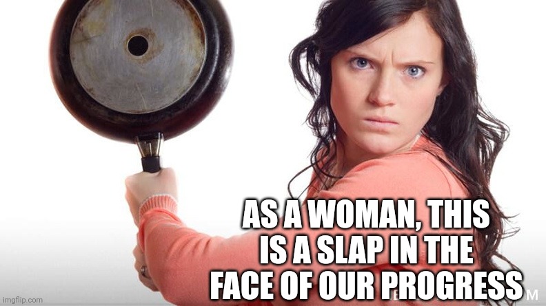 irritated lady | AS A WOMAN, THIS IS A SLAP IN THE FACE OF OUR PROGRESS | image tagged in irritated lady | made w/ Imgflip meme maker