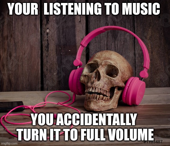 pov | YOUR  LISTENING TO MUSIC; YOU ACCIDENTALLY  TURN IT TO FULL VOLUME | image tagged in skull,music,dead | made w/ Imgflip meme maker