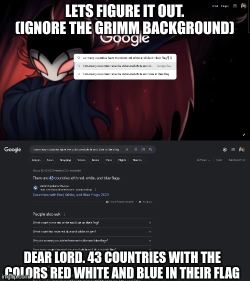 please ignore the grimm background | LETS FIGURE IT OUT. (IGNORE THE GRIMM BACKGROUND); DEAR LORD. 43 COUNTRIES WITH THE COLORS RED WHITE AND BLUE IN THEIR FLAG | image tagged in countries,flags | made w/ Imgflip meme maker