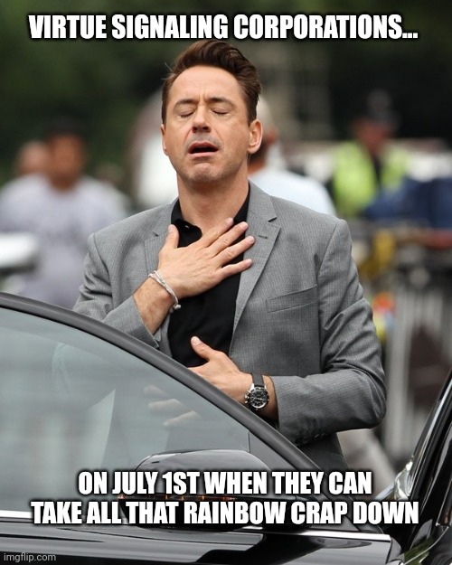 Who is ready for this Saturday ?!?! | VIRTUE SIGNALING CORPORATIONS... ON JULY 1ST WHEN THEY CAN TAKE ALL THAT RAINBOW CRAP DOWN | image tagged in relief,american politics,pride month,summer vacation | made w/ Imgflip meme maker