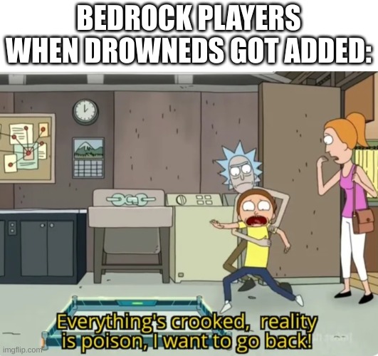 NO, LET ME CHANGE THE VERSION!! | BEDROCK PLAYERS WHEN DROWNEDS GOT ADDED: | image tagged in minecraft,relatable,funny,memes,rick and morty | made w/ Imgflip meme maker