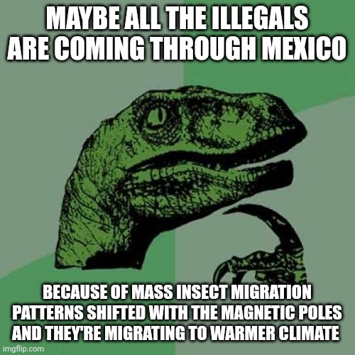 Philosoraptor | MAYBE ALL THE ILLEGALS ARE COMING THROUGH MEXICO; BECAUSE OF MASS INSECT MIGRATION PATTERNS SHIFTED WITH THE MAGNETIC POLES AND THEY'RE MIGRATING TO WARMER CLIMATE | image tagged in memes,philosoraptor | made w/ Imgflip meme maker